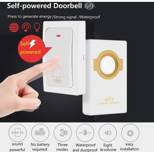 Wireless Doorbell Self-powered Remote Button and Receiver MP3 Digital Long Range IP47 Waterproof For Home Security