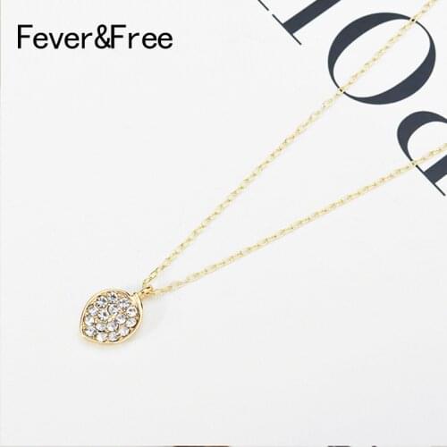 Fever&Free Fashion Korean Jewelry Inlay Crystal Necklace Long Chain Alloy Gold Round Necklace Pendant Dainty Collier Femme Gifts