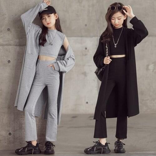 2021 Fall New Fashion Girls Sets Teenage Girl Solid Color Top And Flare Pants And Maxi Long Coat 3Pcs Outfits Kids Clothes 10 12