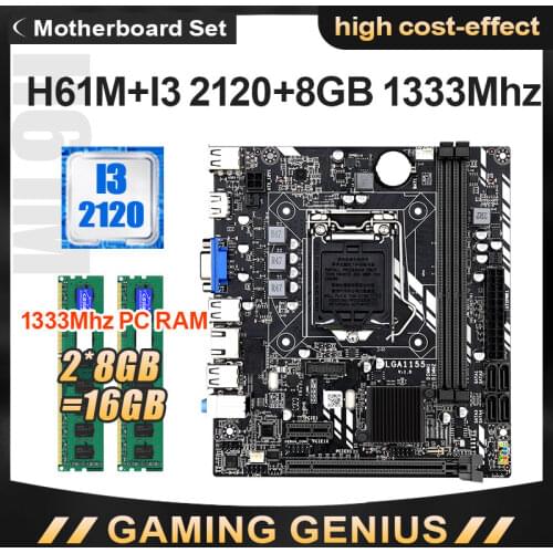 JINGSHA H61M LGA 1155 Motherboard Set with I3-2120 CPU and DDR3 2*8GB 16GB PC RAM 1333MHZ H61 Intel Chipset Motherboard SATA2.0