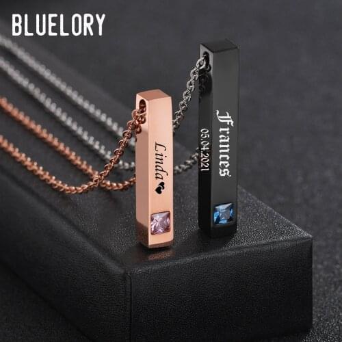 Bluelory Punk Engraved Stainless Steel Vertical Bar Name Couple Custom Mental Necklace Blue Pink Stone Women Men Jewelry