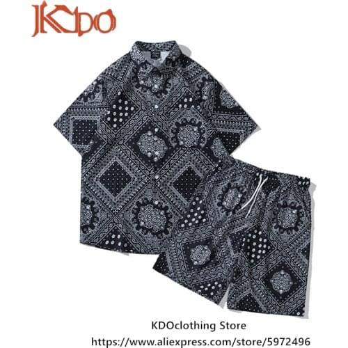 Men Suit Hawaiian Shirt Summer Turn Down Collar Black Beach Sets Vintage Shorts Casual Paisley Floral Printed Blouse Male Tops