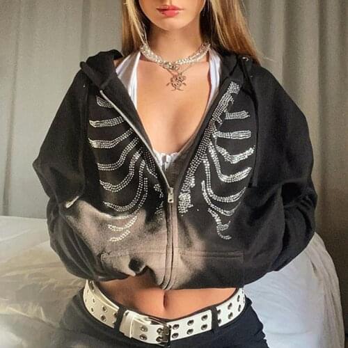 90s Vintage Grunge Autumn Sweatshirt E-girl Rhinestone Skull Print Oversized Hoodies Zip-up Long Sleeve Women Coat Jacket