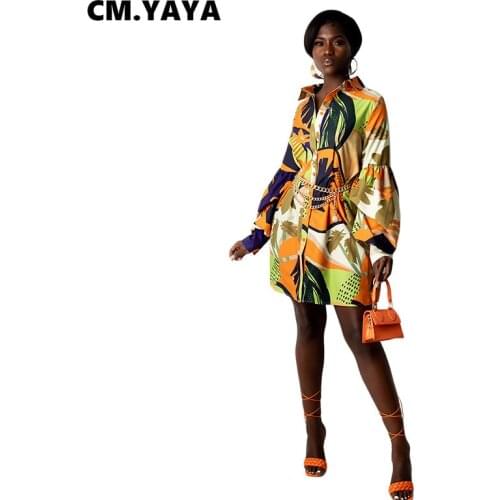 CM.YAYA Fall Autumn Women Mini Dress Print Full Sleeve Loose Vintage Bodycon Shirt Dresses Party Night Club Sexy Night Vestidos