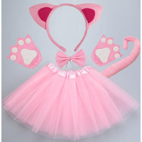 Kids Halloween Party Cosplay Black White Pink Cat Ear Headband Hairband Paw Performance Stage Dance Wear Costume Set Clothes