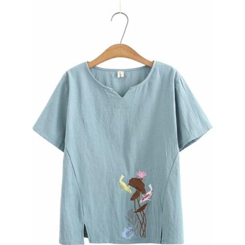 Plus size white blue pink embroidery cotton women Tshirts 2021 summer ladies V-Neck short sleeve t shirts female tops t-shirts