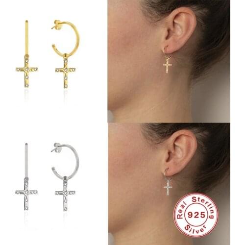Aide 925 Sterling Silver Clear Zircon Cross Pendant Drop Earring Big Circle C Shape Crystal Earrings For Women Fashion Jewelry
