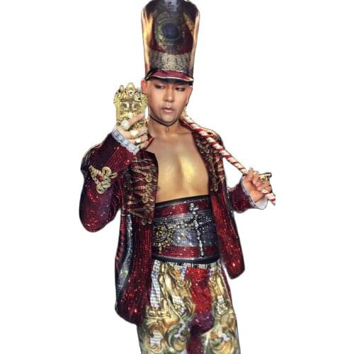 Pattern Printing Four-Piece Suit Men Sparkling Rhinestones Tassel Cane Theatrical Costume Nightclub Show Wear Festival Outfit