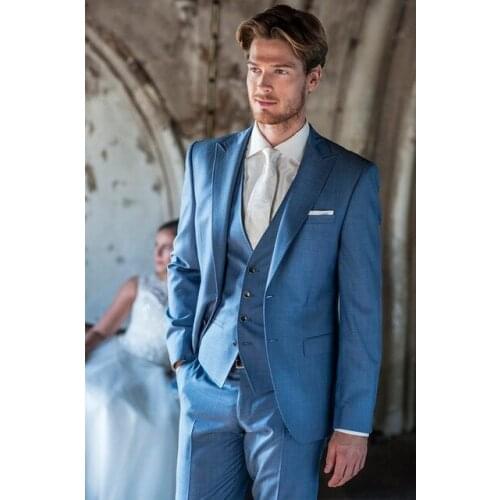 High Quality Two Buttons Blue Groom Tuxedos Peak Lapel Groomsmen Mens Wedding Prom Suits (Jacket+Pants+Vest+Tie) NO:51