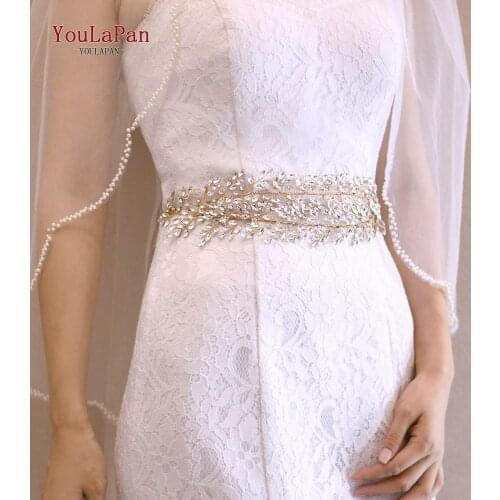 YouLaPan SH308-G Golden Rhinestone Belt Bridal Belt Sash Wedding Dress Belt Crystal Applique for Bridesmaid Gown Dress Belt