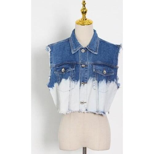 2021 Fashion Women Washed Demin Coat Contrast Color Sleeveless Vest Top Single Breasted Crop Jacket Jean With Pockets