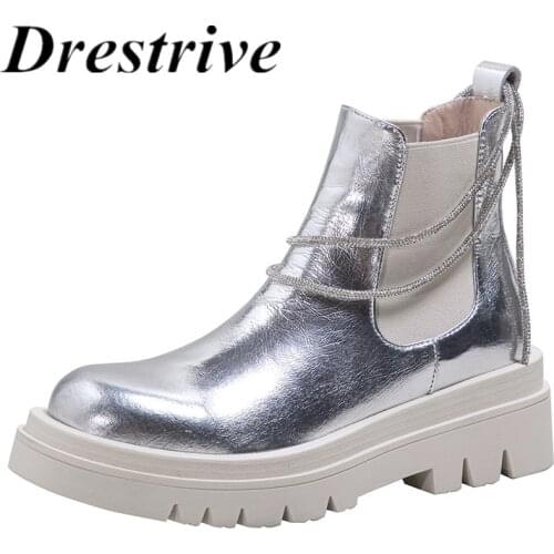 Drestrive 2021 Winter Women Ankle Boots Non Slip Round Toe Platform Cow Split Leather Patchwork Thick Low Heels Silver