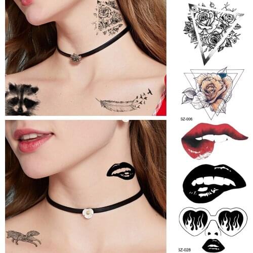 Women Cute Raccoon Cat Tattoo Stickers Black Tribe Feather Temporary Tattoo Girl Geometric Rose Waterproof Sexy Lip Tatoos Mouth