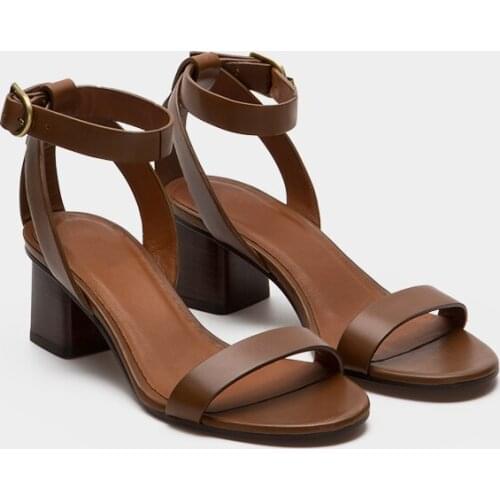 2021 Summer Gladiator Sandals Buckle Roman Square Heel High Heels Sandals French Girl Genuine Leather Brown Sandalias Mujer