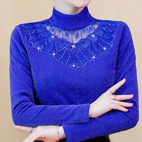 Womens Long-Sleeved Autumn and Winter Mesh Shirts Thickened Lace Small Shirt Blusas Ropa De Mujer