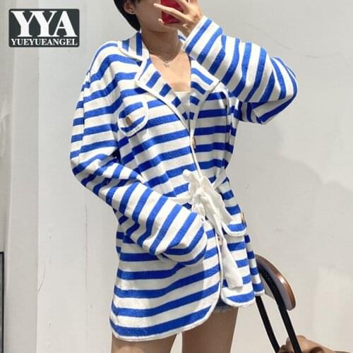 Women Casual Belted Blue White Striped Knitted Jacket Single Breasted Loose Fit Knitwear Tops Streetwear Lapel Collar Lady Coat