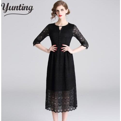 Half Sleeve Lace Patchwork Hollow Dress Women O-neck Breathable A-line Dresses Ladies Fashion Elegant Party Dress Summer