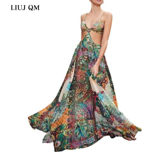 2021 Summer Women Printed flowers Dress V-neck Strap Ruffled Dress Sexy Backless Plus Size Party Bohemia Dress Sundress Vestidos