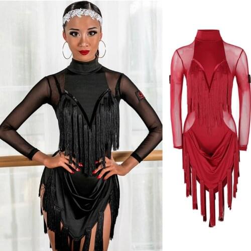 Latin Dance Dress Lady Tango Rumba Cha Cha Samba Performance Wear Seethrough Mesh Long Sleeve Tassel Competition Dresses DN4369