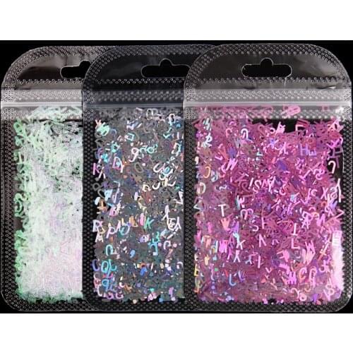 1 Pack 3D English Letter Nail Sequins Holographic Laser Sparkly Alphabet Flake Nail Art Decorations Paillette Silver Gold Sequin