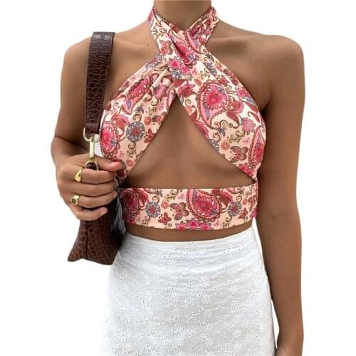 2021 Fashion Trend Women’s Vintage Printing Vest Sexy Cross Halter Bandage Hollow Exposed Navel Slim Fit Camisole Crop Tank Tops