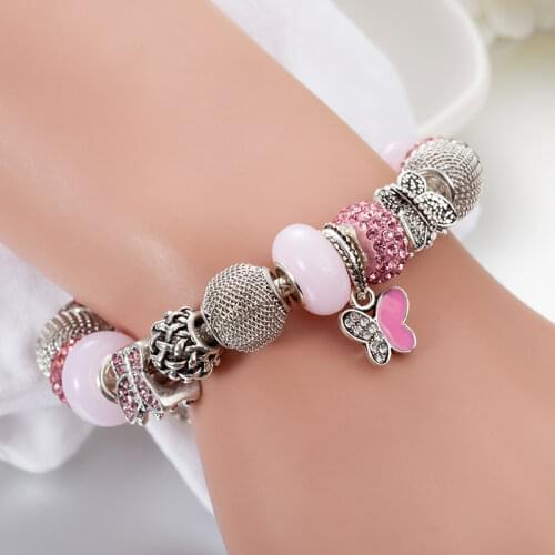 New Fashion Jewelry Pink Murano Glass Charms Bracelets & Bangles Butterfly beads fit Bracelet For Women Jewelry B17026