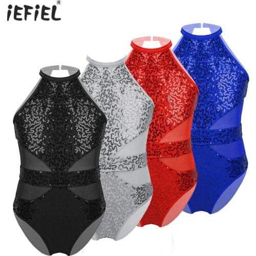 Toddler Kids Sleeveless Halter Ballet Jumpsuit Dancewear Sparkly Sequins Cutouts Back Gymnastics Leotards for Girls Performance