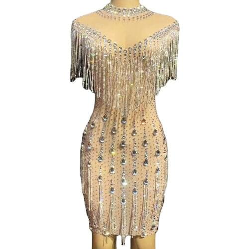 Sparkling Silver Chain Fringes Short Dresses Tight Stretch Women Dresses Evening Prom Outfit Nigthclub Singer Dance Costumes