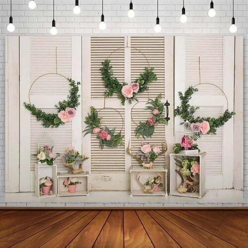 Baby Shower Backdrops Pink Flower Green Leaf Wood Door Child Portrait Plank Photography Background Studio Photozone Circle Decor