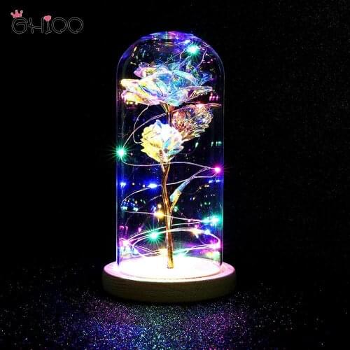 Artificial Eternal Rose LED Light Kiss Glass Covered Bedside Lamp Luminous Christmas Home Decoration Mother Valentines Day Gift