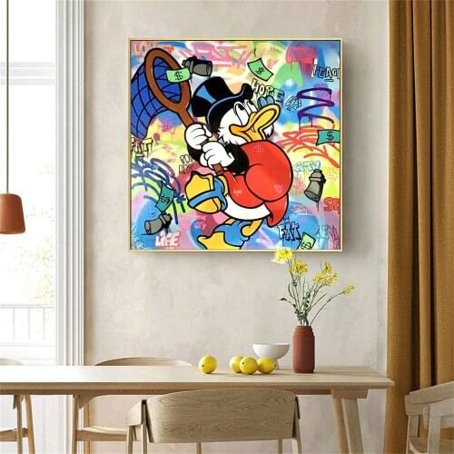 Disney Cartoon Anime Canvas Painting Graffiti Wall Art Posters and Prints Donald Duck Catching Money Picture For Room Home Decor