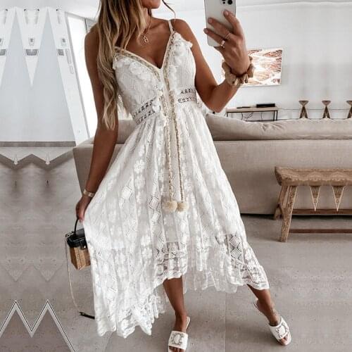 Summer Lace Dress Women Sexy V Neck Spaghetti Strap Long Dress Solid Holiday Beach Dress Ladies Maxi Dresses Vestidos Mujer 3XL
