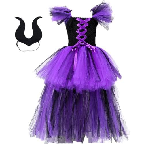 Halloween Maleficent Sleeping Curse Costume Girls Purple Black Evil Dark Witch Tutu Dresses Kids Holidays Wizard outfit Clothes