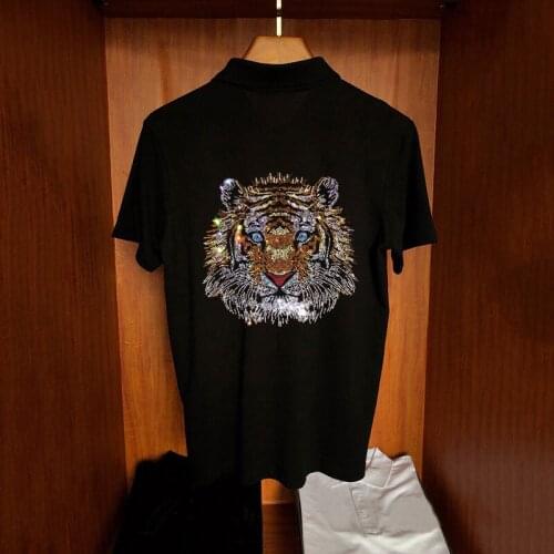 Mens Classic Fashion Hot Style Luxury Casual Polo Shirt Handsome Summer Tiger Diamond Light Short Sleeve