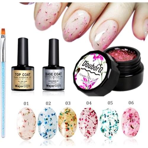 9pc/lot Natural Dried Flower Fairy Nail Gel Soak Off Manicure Base Coat &Top Coat Nail Art Gel with nail brush Professional Set