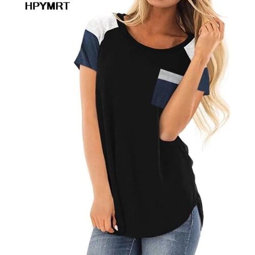 New summer Black Striped pocket stitching loose short sleeve T-shirt top women tshirt harajuku color t-shirt female streetwear