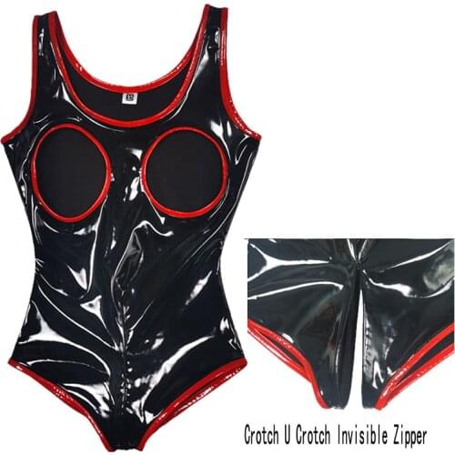 Hollow Out Open Chest One-Piece Vest PVC Mirror Latex Straitjacket Sexual Attracti Exposed Breast Open Crotch Erotic Bodysuit