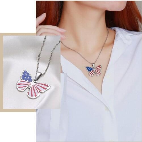 Fashion America Flag Butterfly Necklaces for Women,Stainless Steel USA Flag Pendant,Cute Animal Elegant Jewelry
