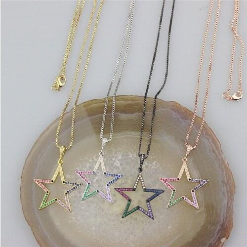 16inch 10str/lot star shape cz pendant necklace,colorful zircon micro pave charm jewelry,16inch long fine chain necklace