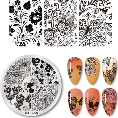 Black Lace Flower Nail Stamping Plate French Tips Printing Design Image Stamp Stainless Steel Round Shape Nail Art Templates