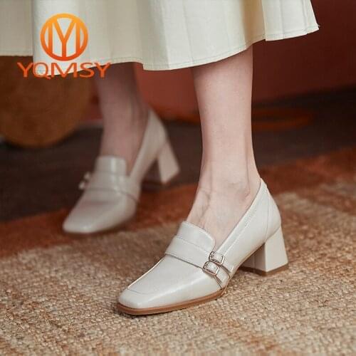 YQMSY Casual Womens Pumps Chunky Square Heel Square Toe Genuine Leather Shoes Office Lady Shallow Belt Buckle High Heels AS211