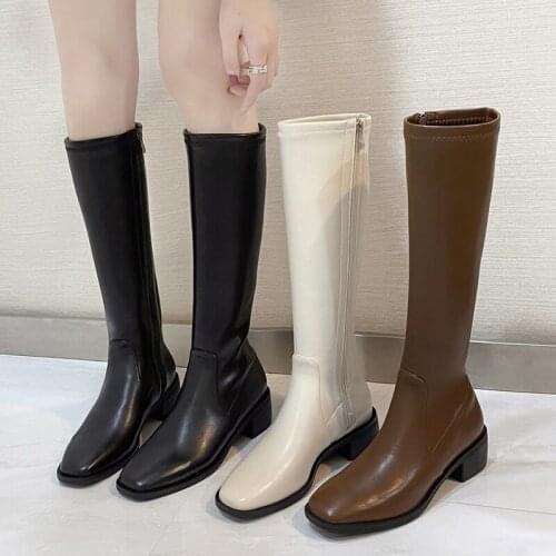 INS Women Knee High Boots Female Fetish Zipper Knight White Boots Platform Winter Brown Booties Lady Low 4.5cm High Heels Shoes