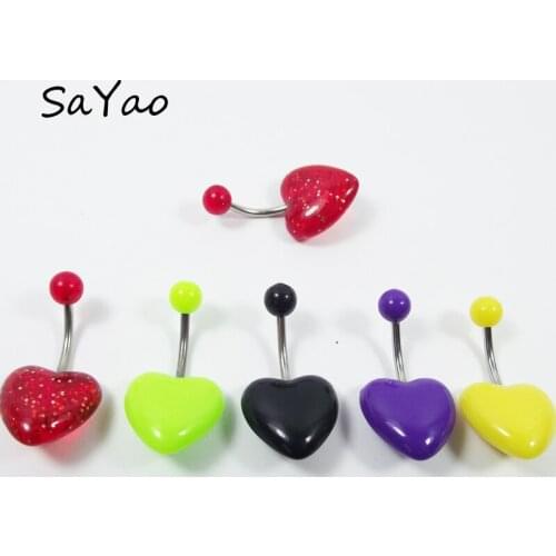 SaYao 1Piece 14G 1.6x10mm Free Shipping Body jewelry Acrylic Heart navel ring, Love belly ring Navel Rings