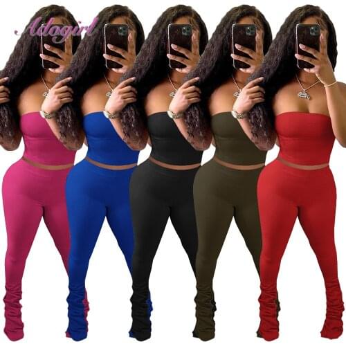Fitness Workout Outfit Tracksuit Women Casual Solid Strapless Tank Top Leggings Stacked Pant Suit Sportwear Yoga Two Piece Sets