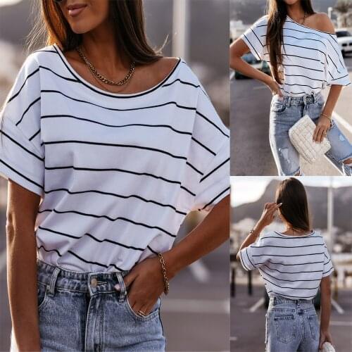 Womens summer 2021 new round neck short sleeve striped casual loose simple versatile T-shirt top