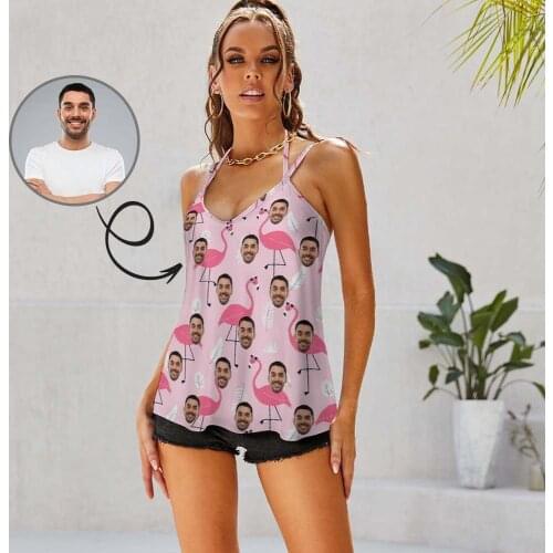 Custom Face Flamingo Tie-dye Womens Camisole Backless V Neck Personalized Gift Girlfriend Female Vests Tops Party Club Wear