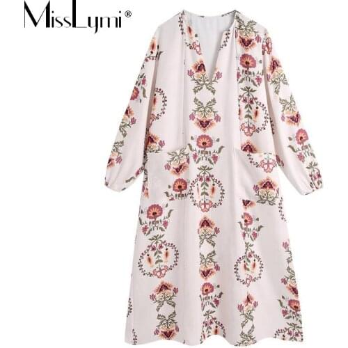 European American womens clothing Fashion Flower Print Long Sleeve Dress 2021 Casual V-neck Loose Pocket Bohemian Midi Dresses