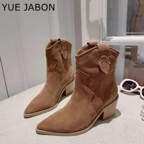 Genuine leather square heel Ankle Boots For Women High top Wood Sole Boots Cow suede Chelsea Boots Winter shoes botas short boot