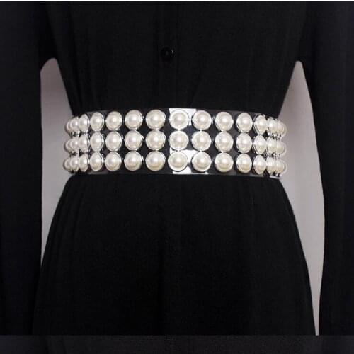 Womens runway fashion diamonds pearl beaded pvc Cummerbunds female Dress Corsets Waistband Belts decoration wide belt R1636