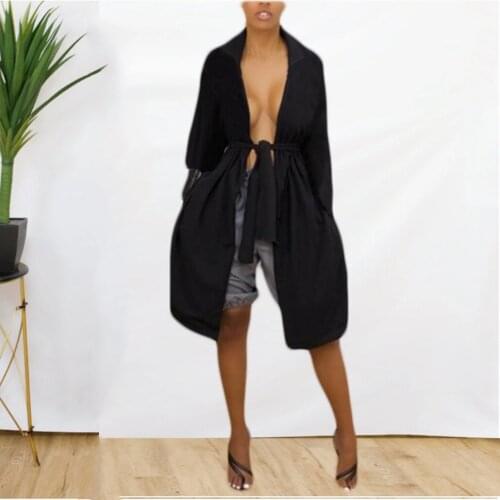 2021 Autumn Womens Dress New Fashion Temperament Pure Color Sexy Back Hollow-Out Design Windbreaker Outwear